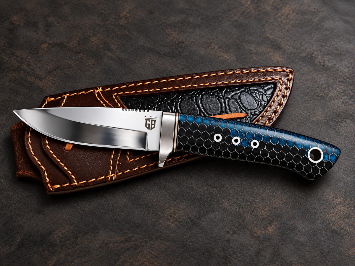 8.25" Fixed Blade Knife – 12C27 Stainless Steel – Blue Honeycomb Handle
