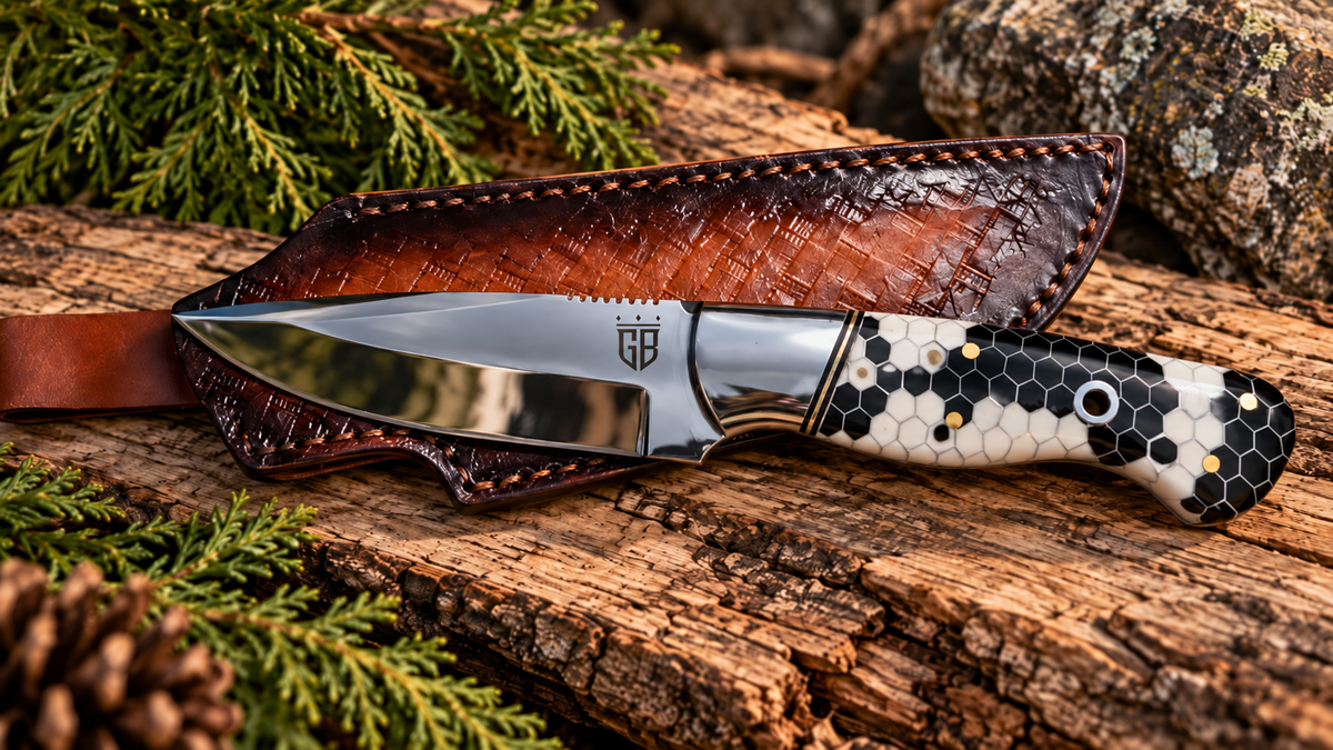 8.25" Fixed Blade Knife – Sandvik 12C27 Stainless Steel – Black & White Honeycomb Handle