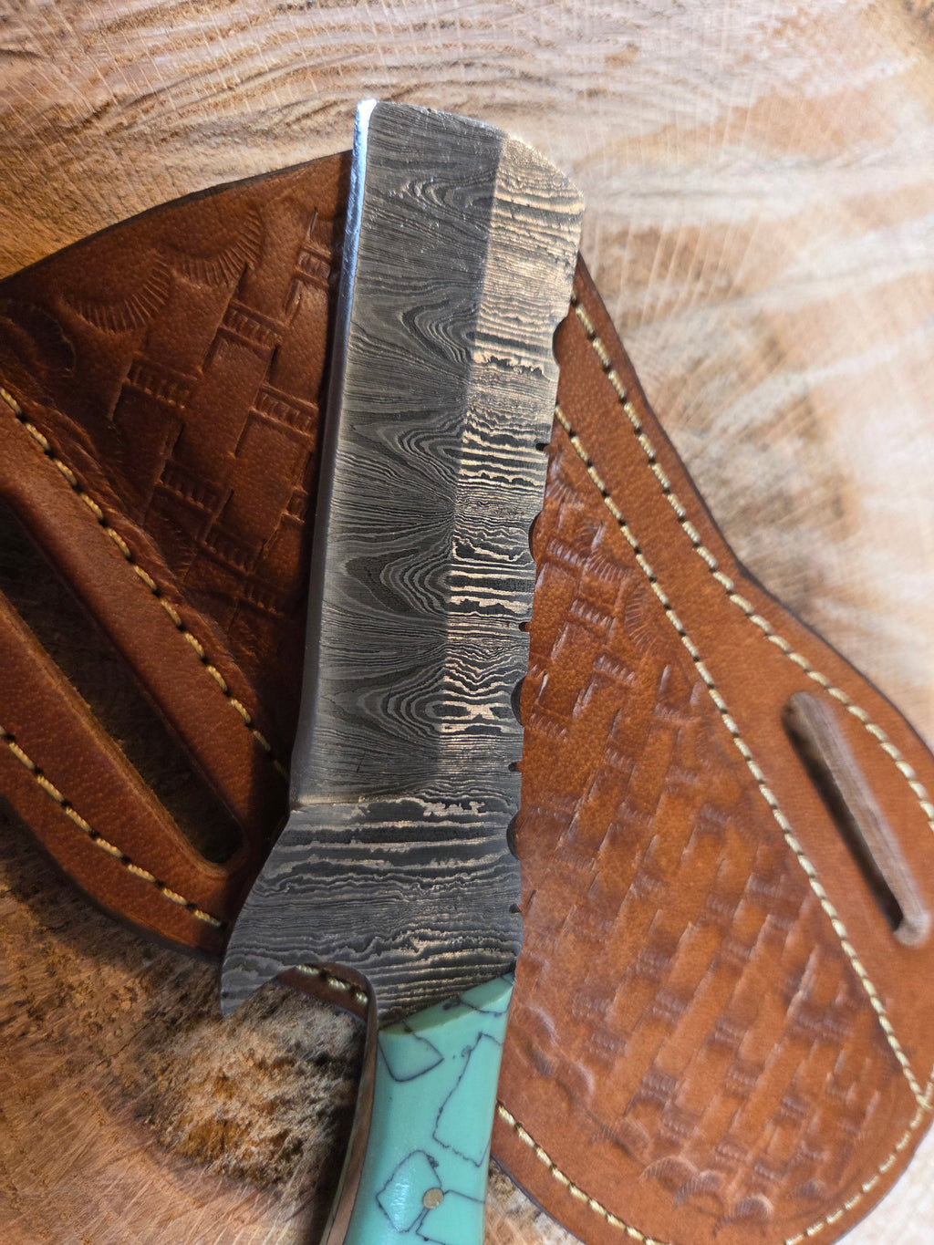4" blade Damascus bullcutter with turquoise stonework handle