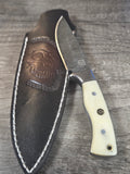 3" 1/2 blade, 8" overall length full tang, Fire damascus with bone handle. Skull sheath
