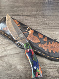 4" blade, 8" overall length, full tang, Fire Damascus, micarta handle
