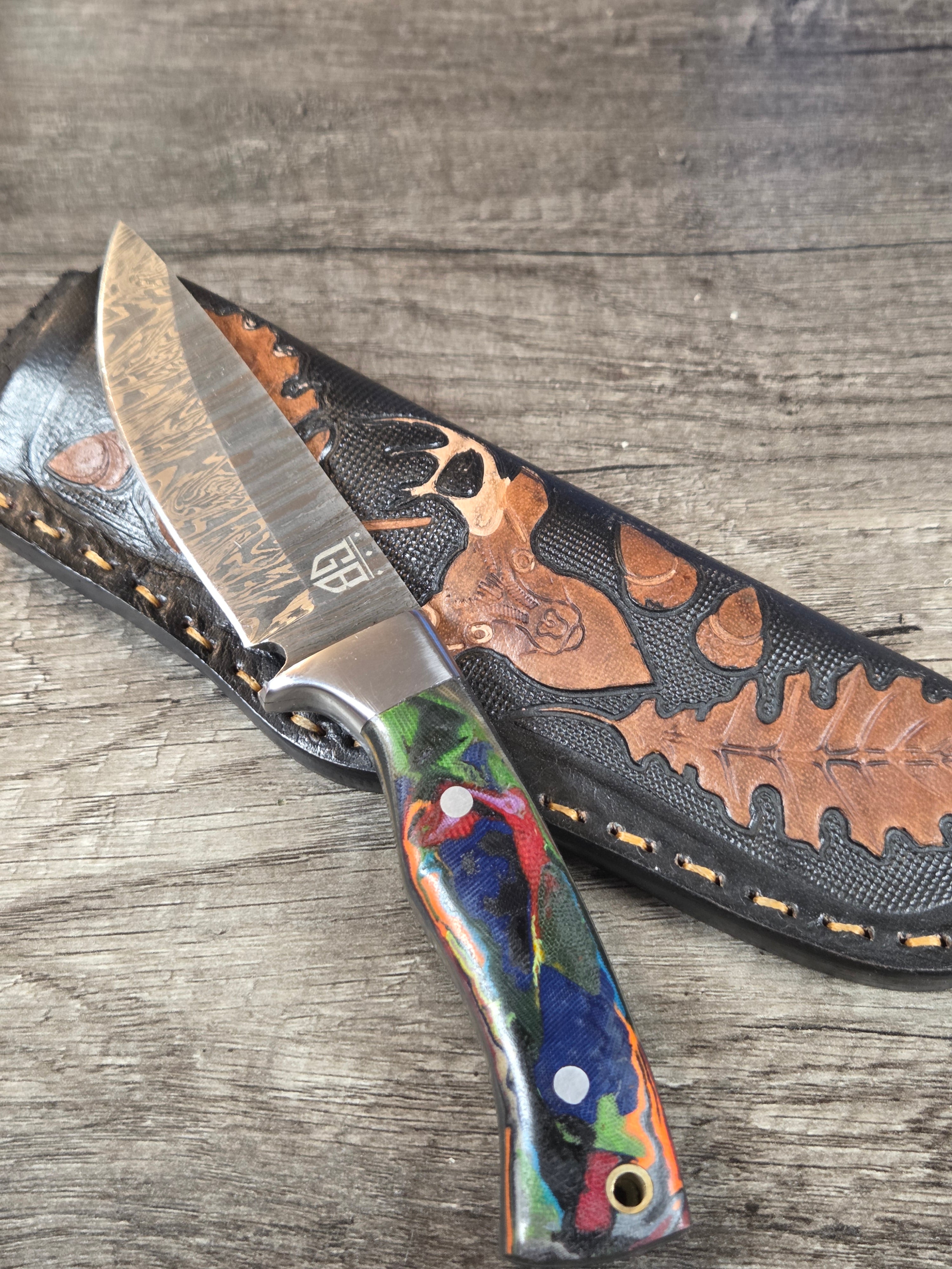 4" blade, 8" overall length, full tang, Fire Damascus, micarta handle