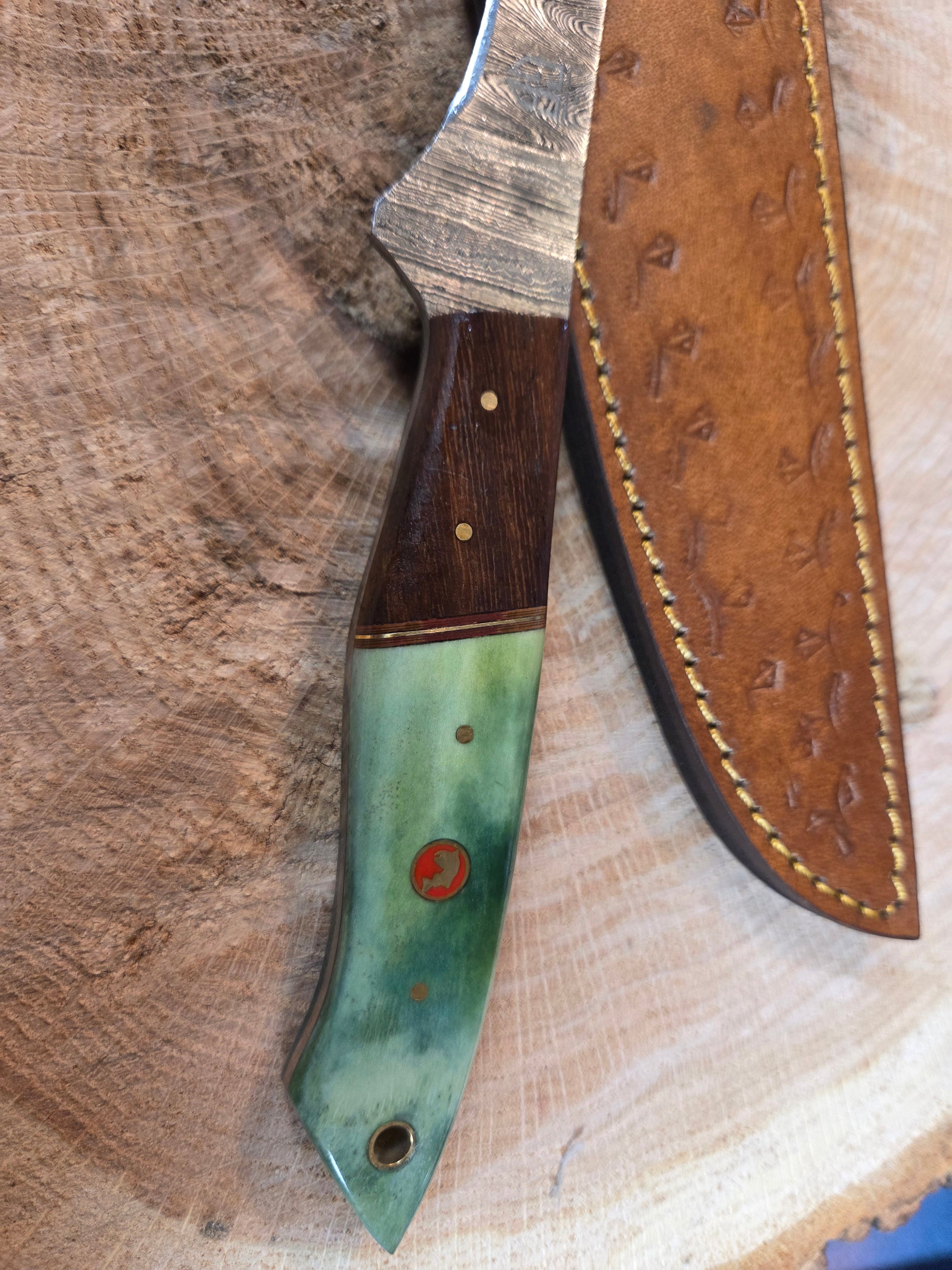 8" blade Damascus, rosewood and dyed green bone handle