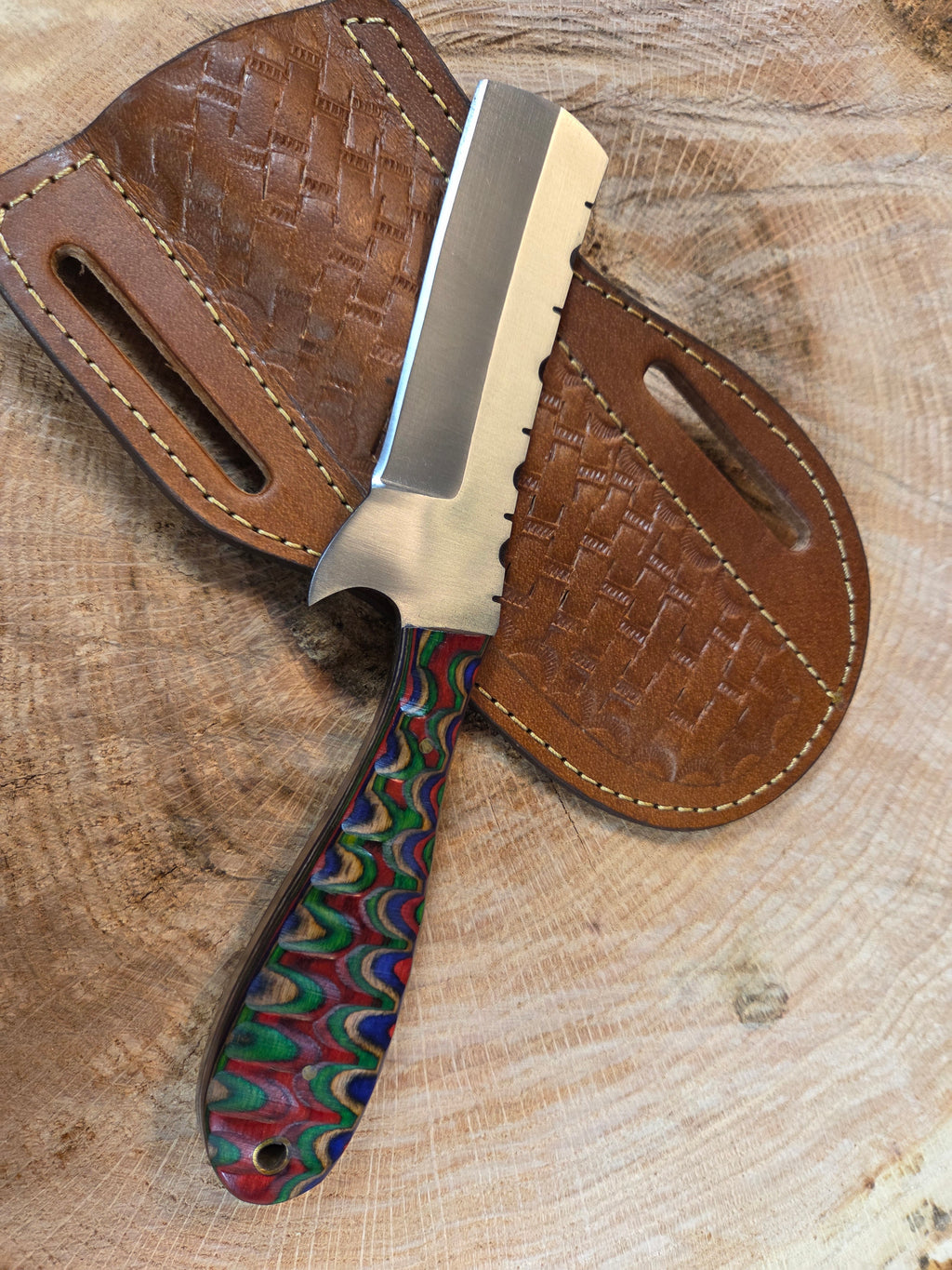 4" blade d2 steel bullcutter with multicolor packawood handle