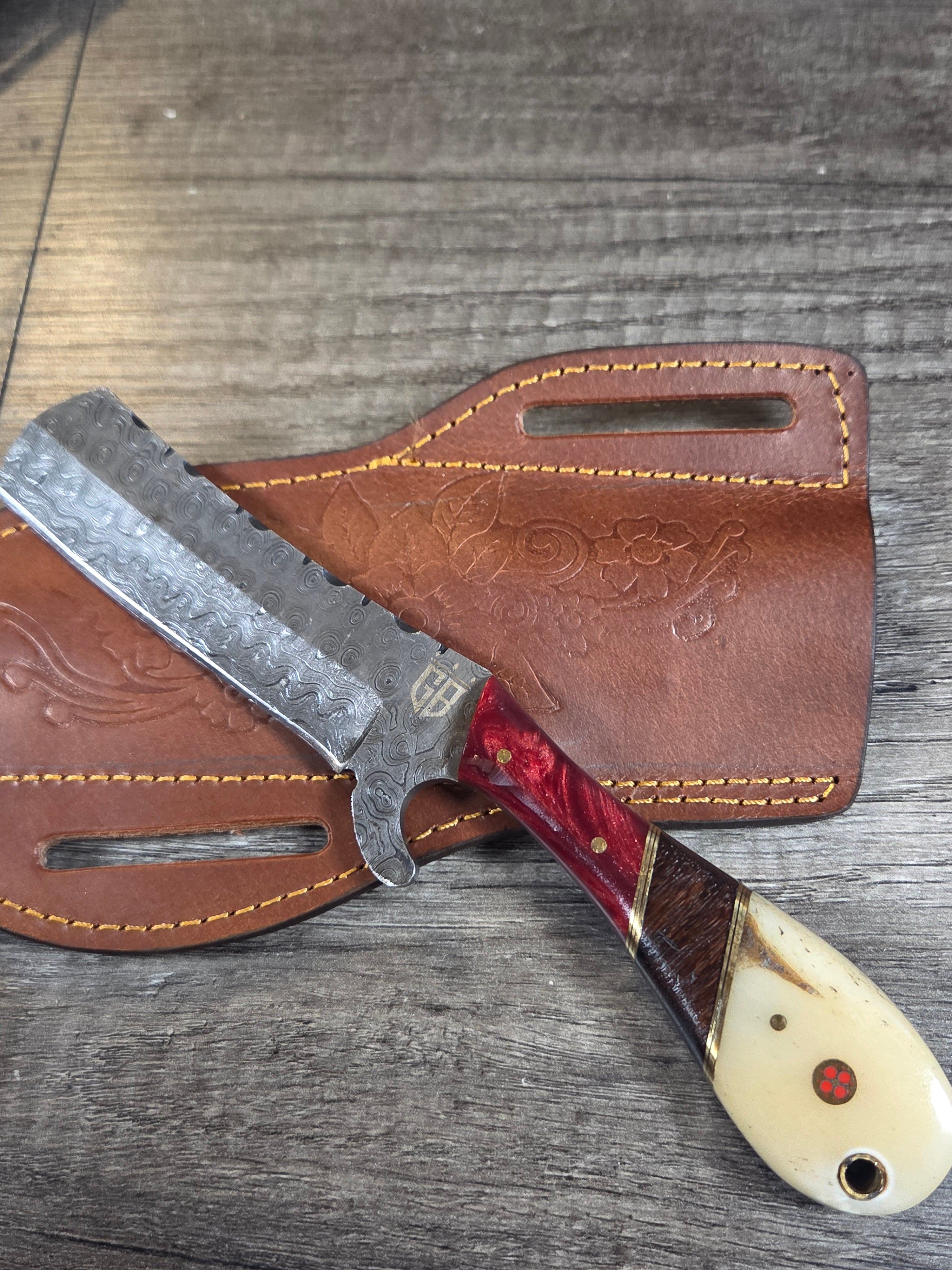 8" overall, 4" blade. Raindrop San mai steel. Resin/rosewood/bone handle