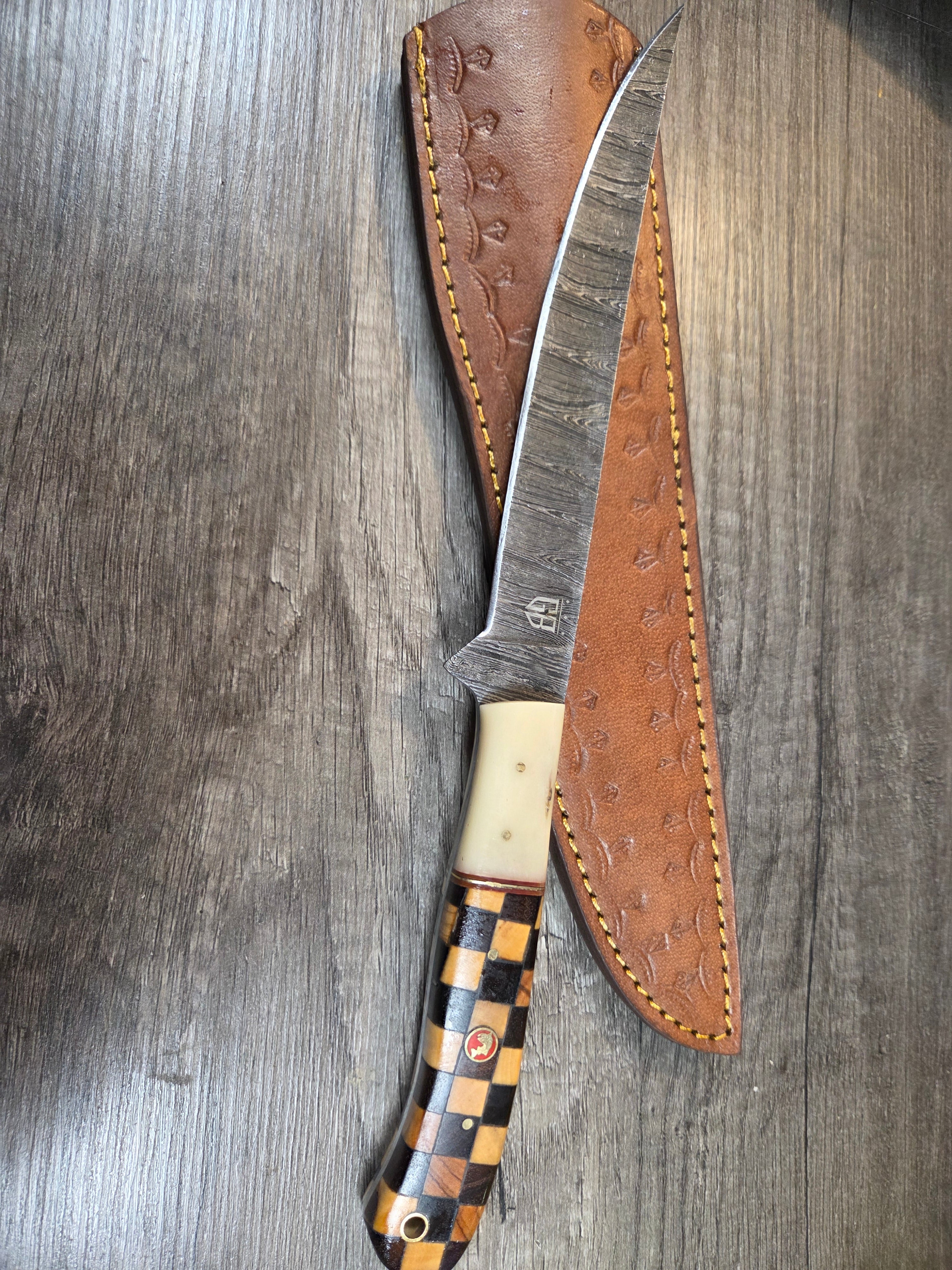 8" blade Damascus checkerboard handle