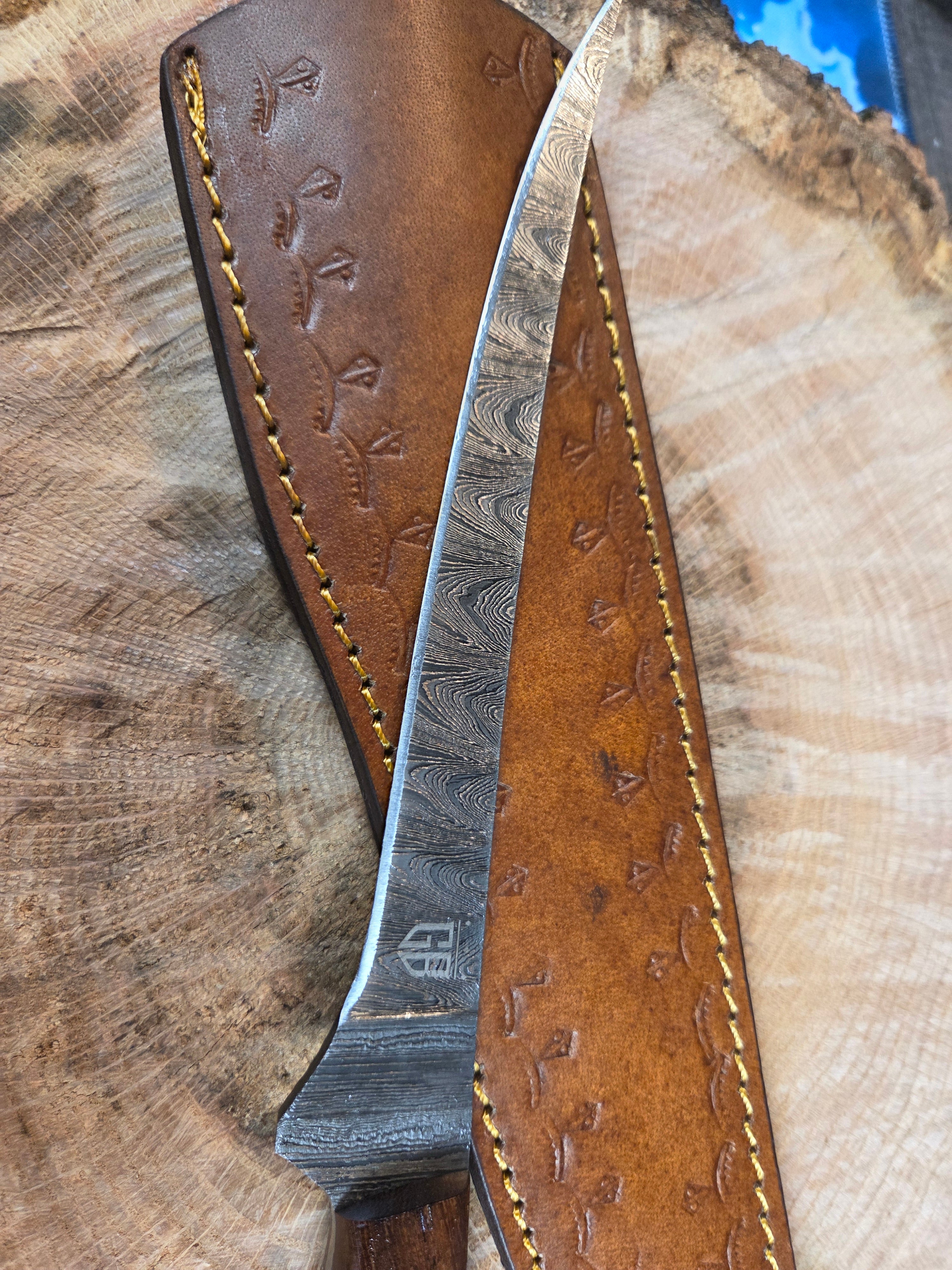 8" blade Damascus, rosewood and dyed green bone handle