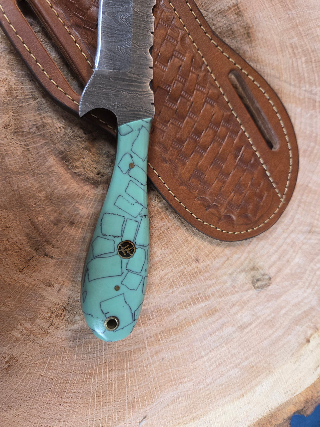 4" blade Damascus bullcutter with turquoise stonework handle
