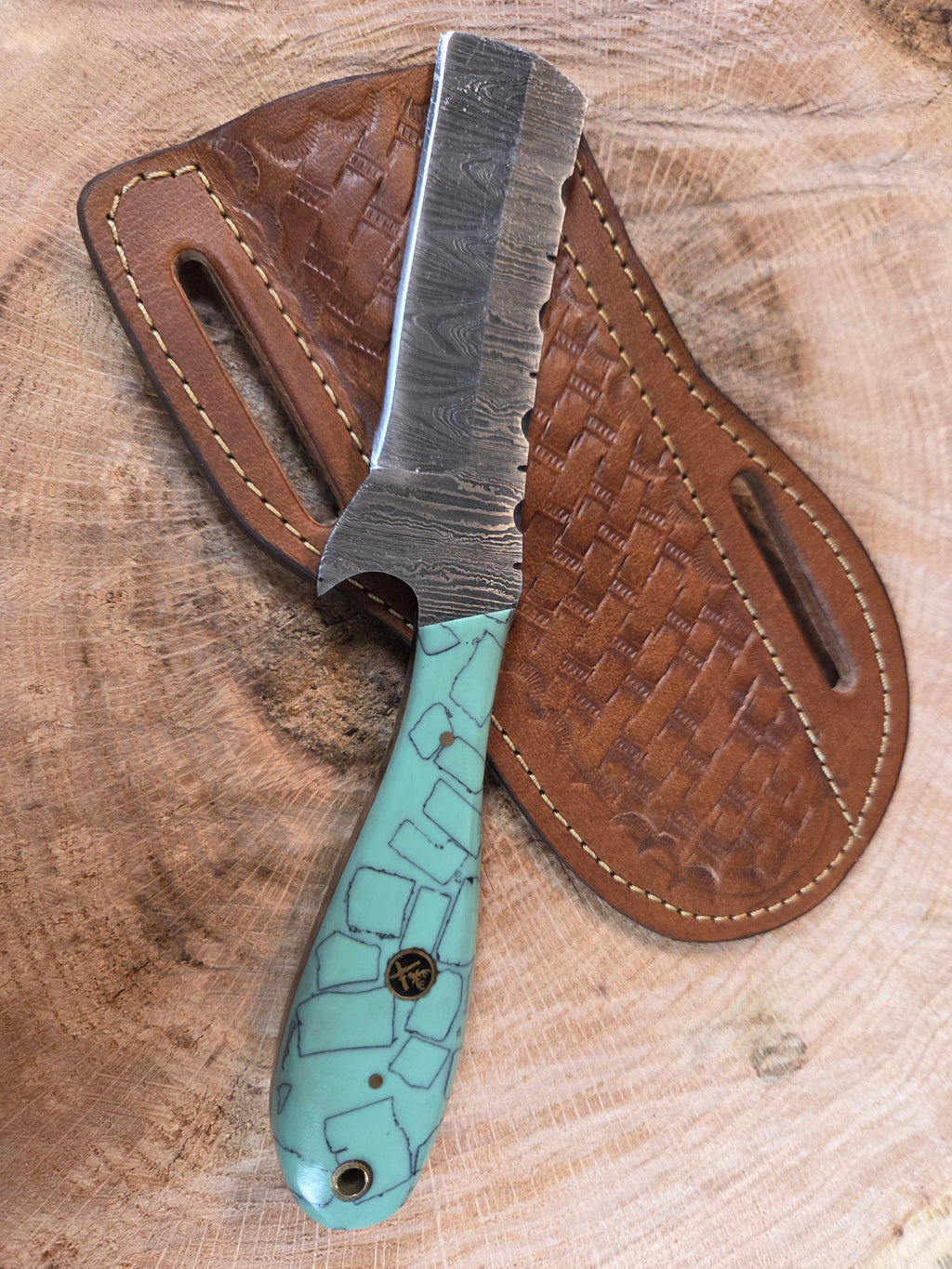 4" blade Damascus bullcutter with turquoise stonework handle