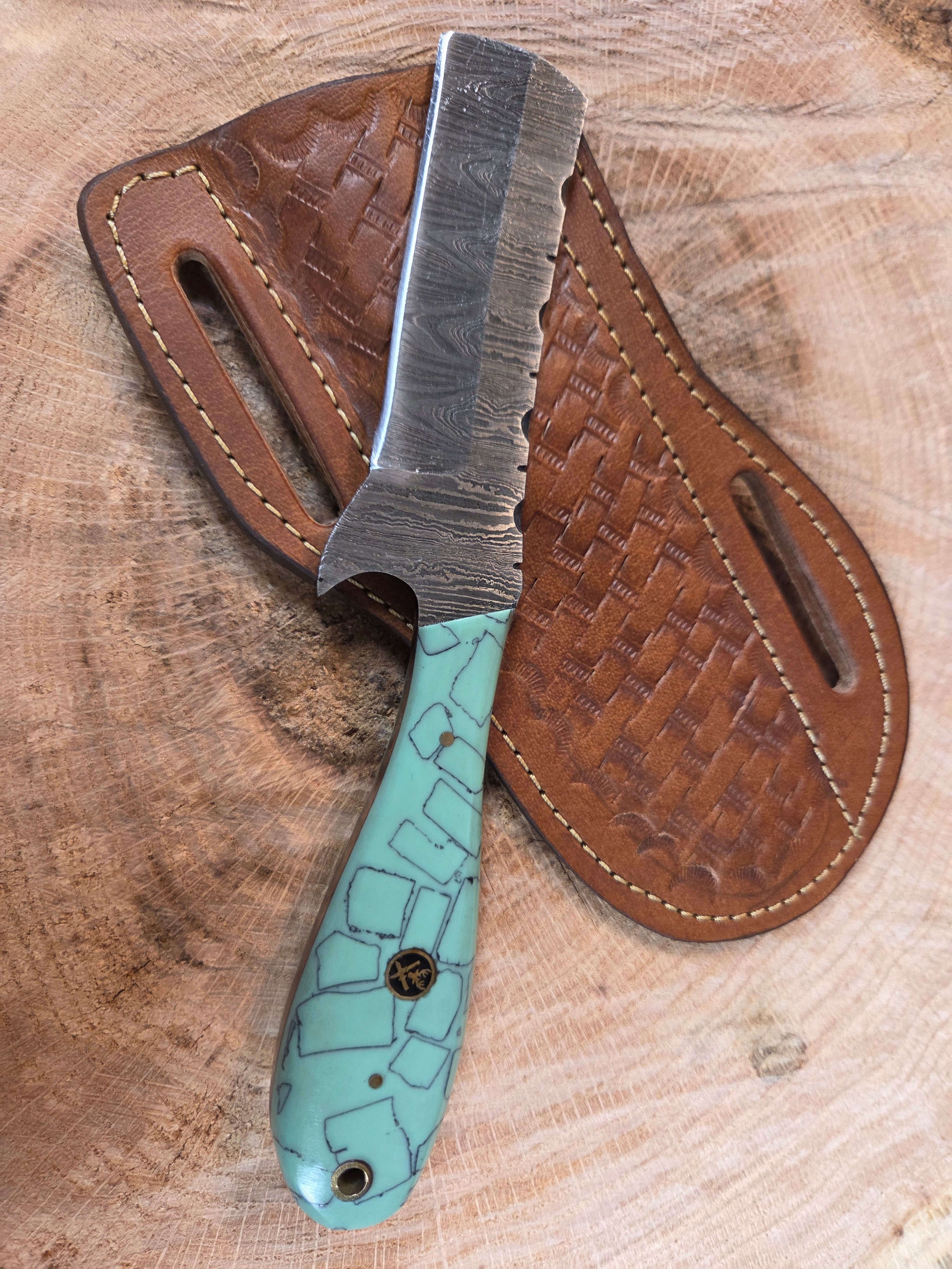 4" blade Damascus bullcutter with turquoise stonework handle