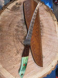 8" blade Damascus, rosewood and dyed green bone handle